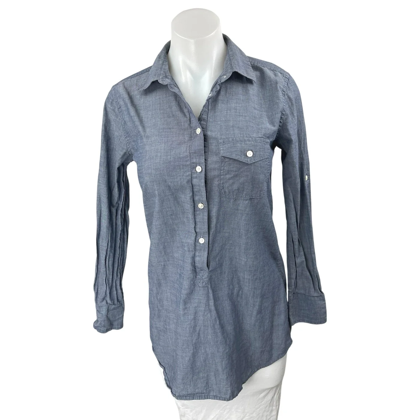 J.Crew Women's Blue Chambray Button Front Long Sleeve Tunic Shirt Top Size XXS