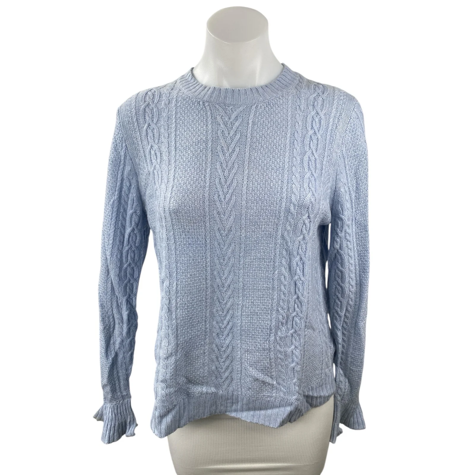 J.Crew Women's Blue Wool Cable Knit Bell Long Sleeve Crewneck Sweater Top Size S