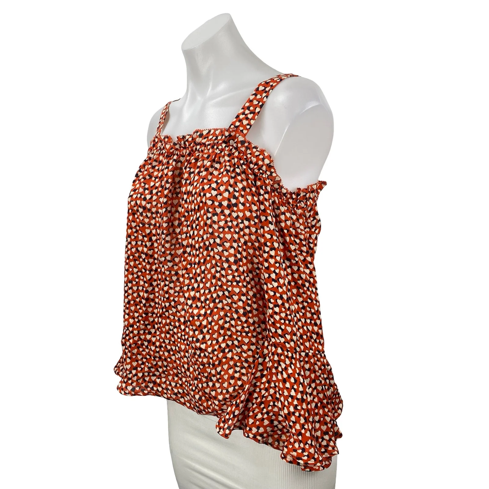 J.Crew Women's Coral 100% Silk Hearts Love Ruffle Cold Shoulder Blouse Top Sz 2 - Image 2