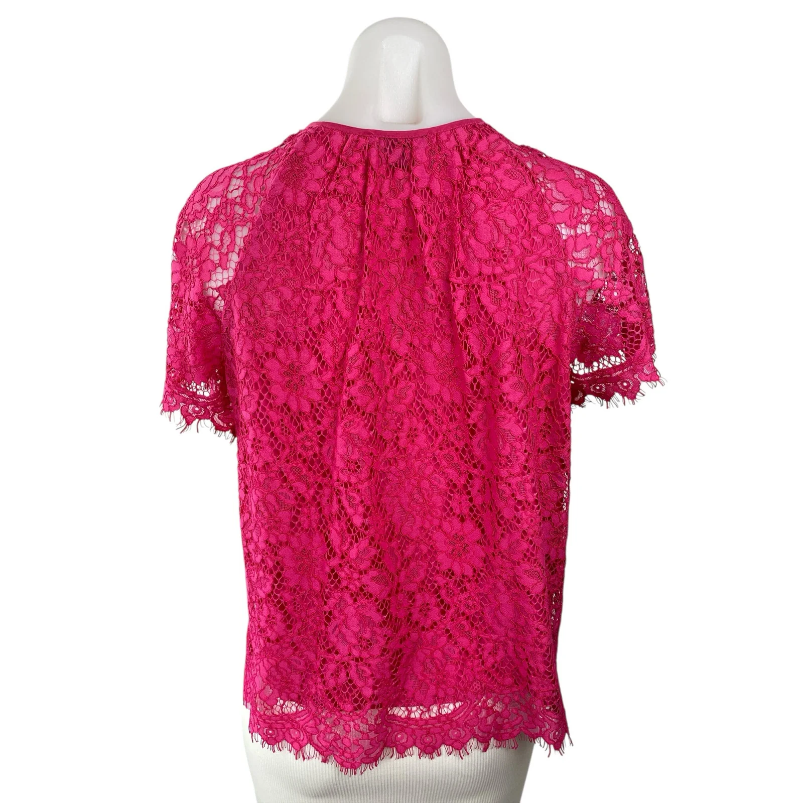 J.Crew Women's Pink Floral Lace Keyhole Round Neck Short Sleeve Blouse Top Sz S - Image 4
