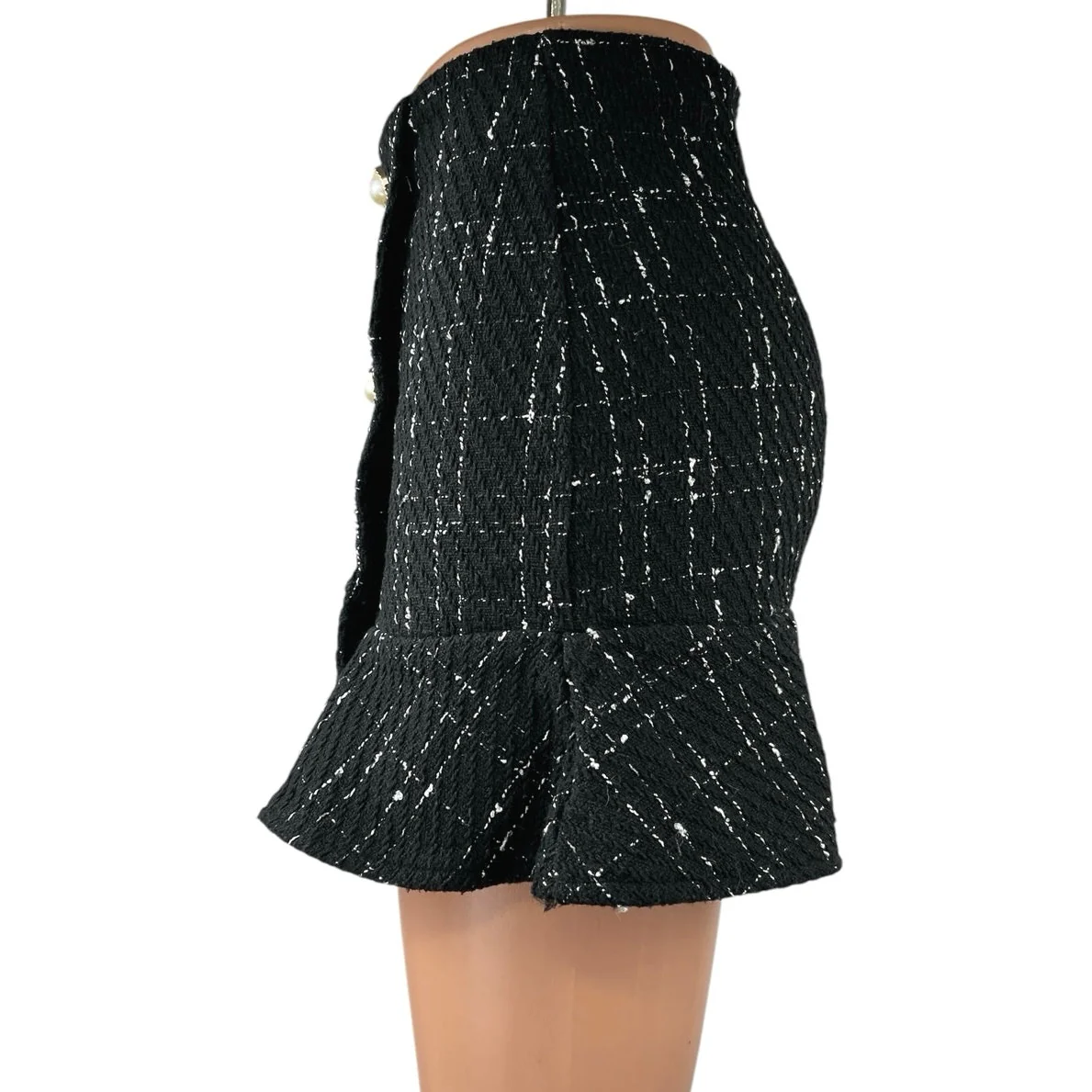 J.Ing Black White Abigail Tweed Plaid Button Front Flared Mini Pencil Skirt Sz S - Image 2
