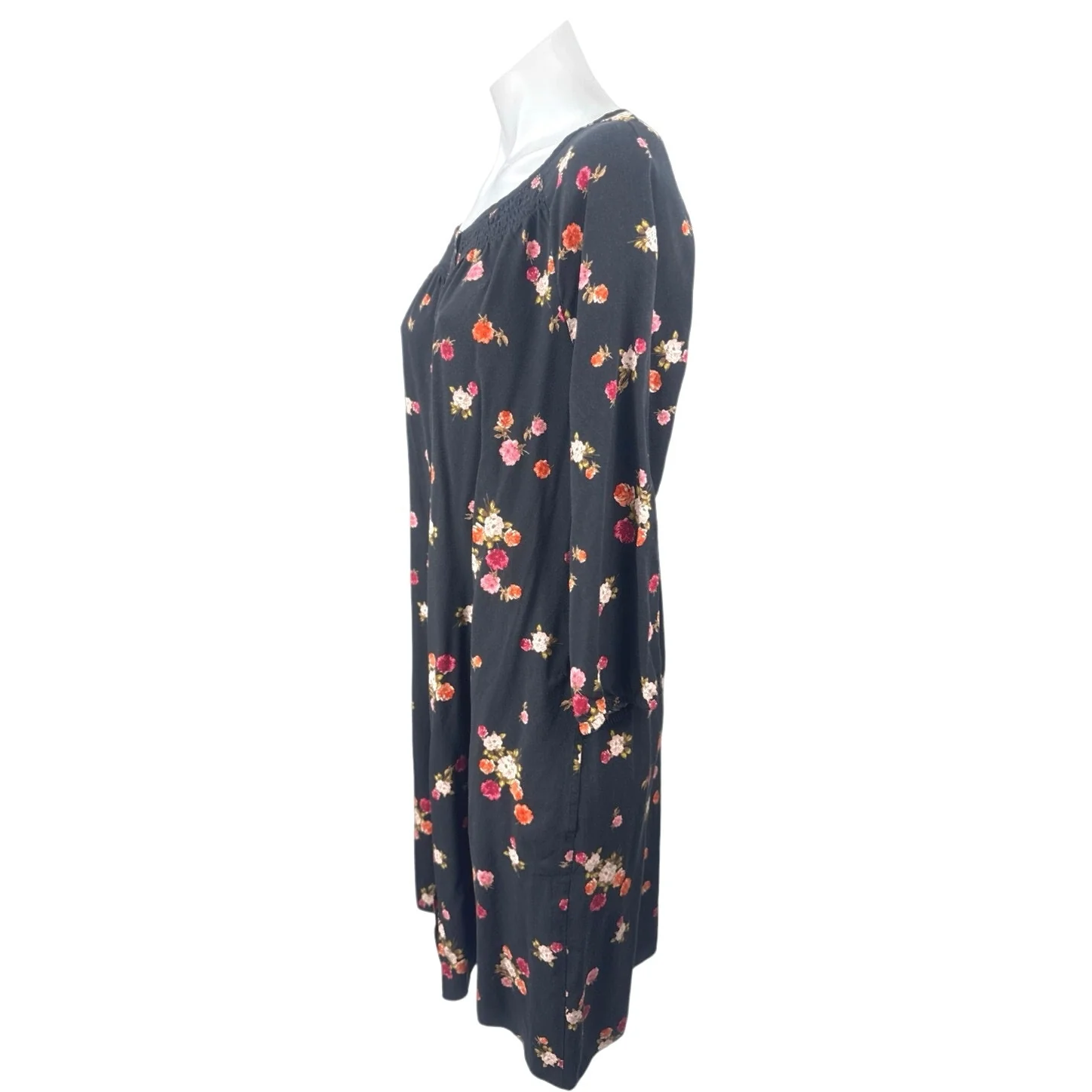 J.Jill Black Floral Smocked  Long Sleeve Button Down Mini Tunic Shirt Dress Sz M - Image 2
