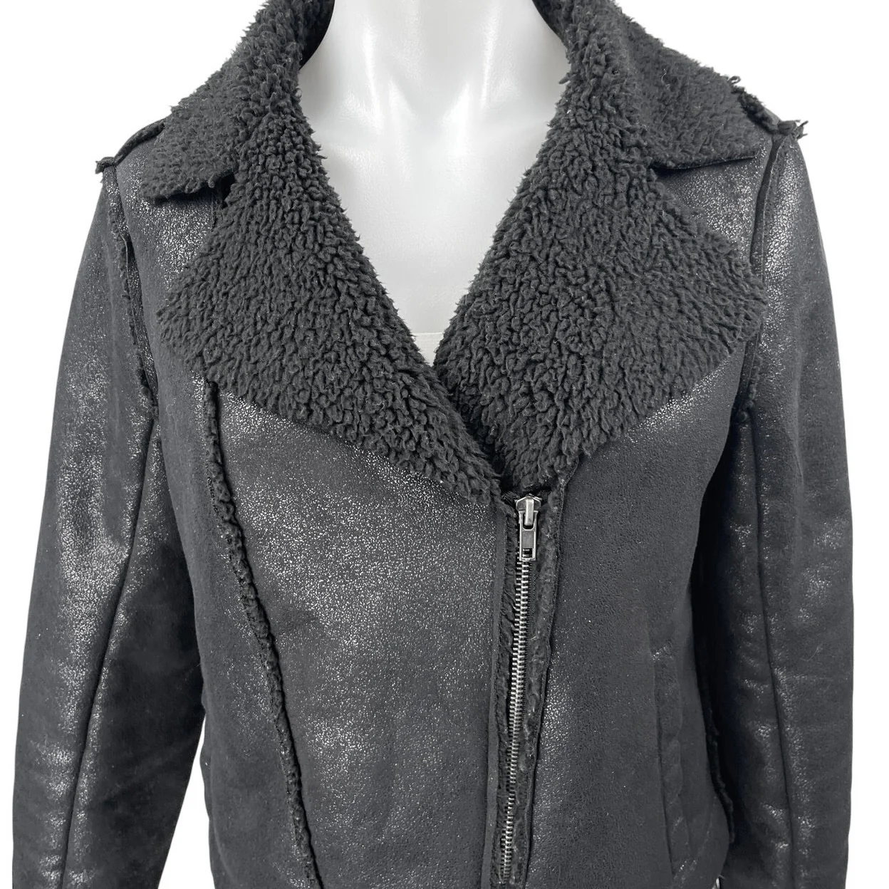 Jack BB Dakota Black Faux Leather Vegan Sherpa Fleece Zip Up Moto Biker Jacket S - Image 3