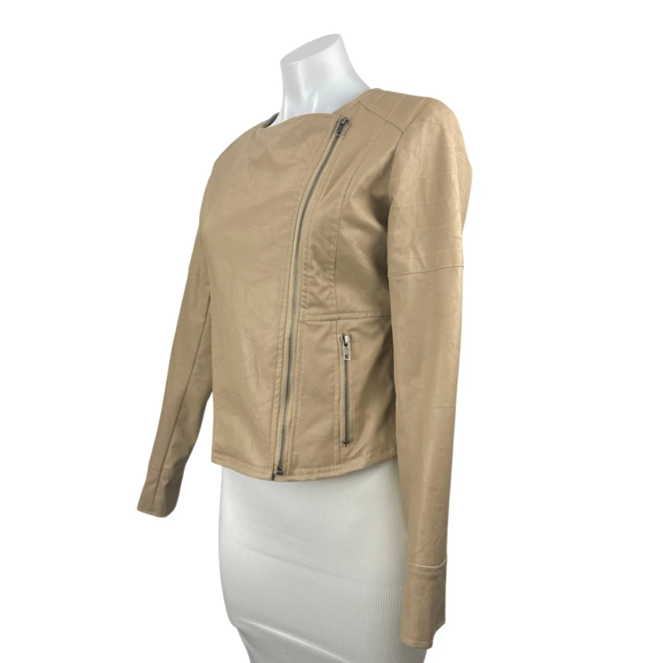 Jack Women's Beige Faux Leather Vegan Asymmetric Zip Up Biker Moto Jacket Size S - Image 2