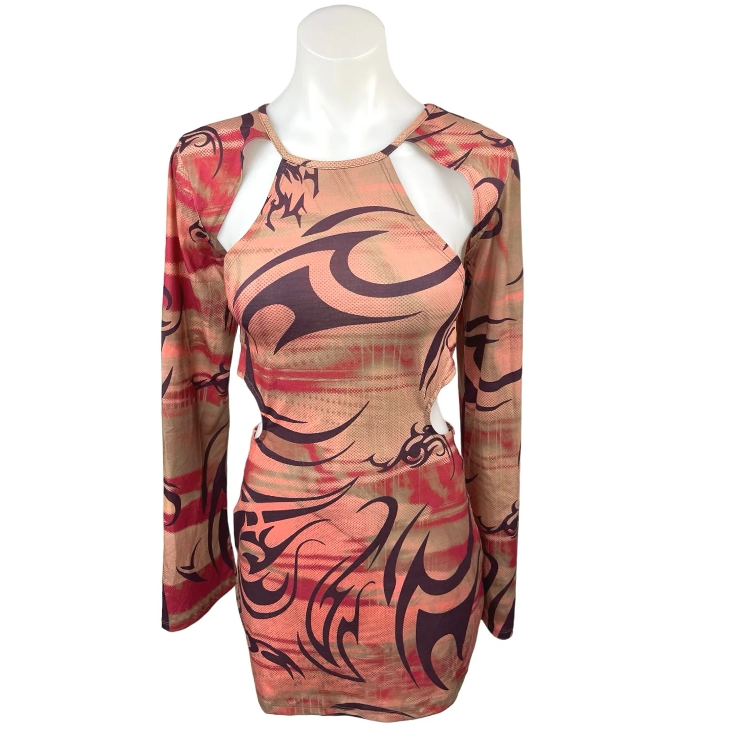 Jaded London Orange Multicolor Abstract Cut Out Long Sleeve Bodycon Dress Sz 10