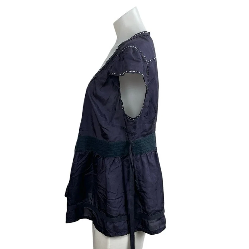 Jaloux 100% Silk Smocked Cap Sleeve Tie Waist Tunic Peplum Cardigan Blouse Top L - Image 2