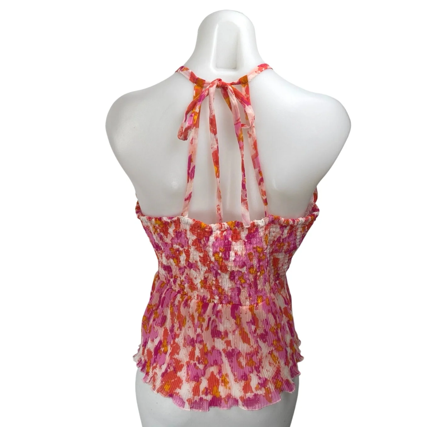 Japsa Women's Multicolor Floral Halter Sleeveless Smocked V Neck Blouse Top Sz L - Image 2