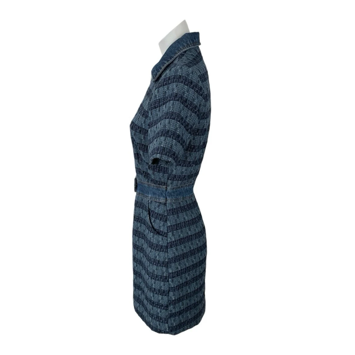 Jason Wu Blue Short Sleeve Striped Full Zip Tweed Denim Jean Shirt Mini Dress XS - Image 2