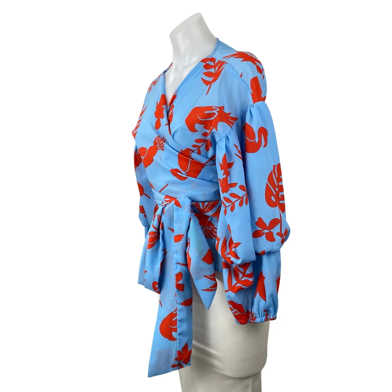Jealous Tomato Blue Red Floral Long Balloon Sleeve Peplum Wrap Blouse Top Size M - Image 2