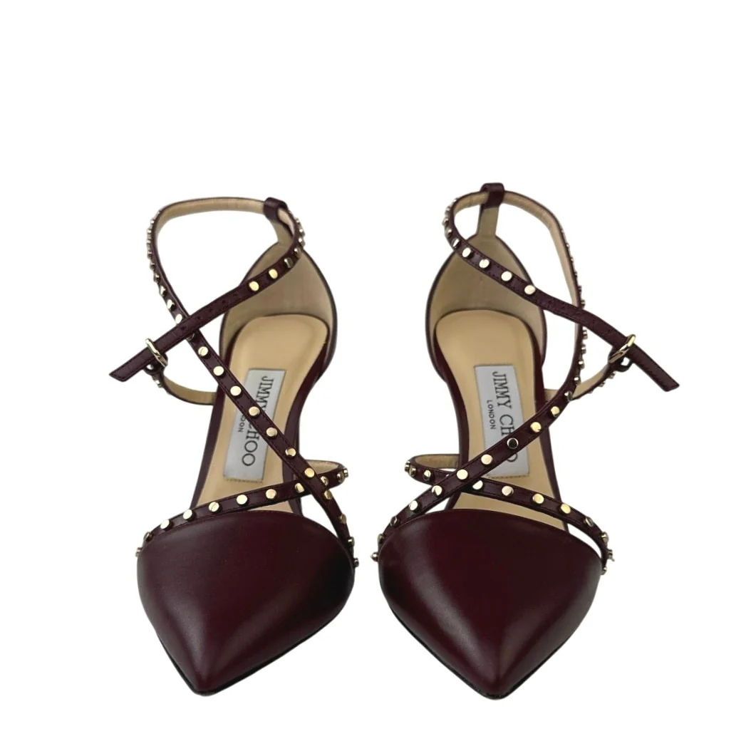 Jimmy Choo Tiff Burgundy Leather Studded Ankle Strap Stiletto Heels Sandals 5 - Image 2