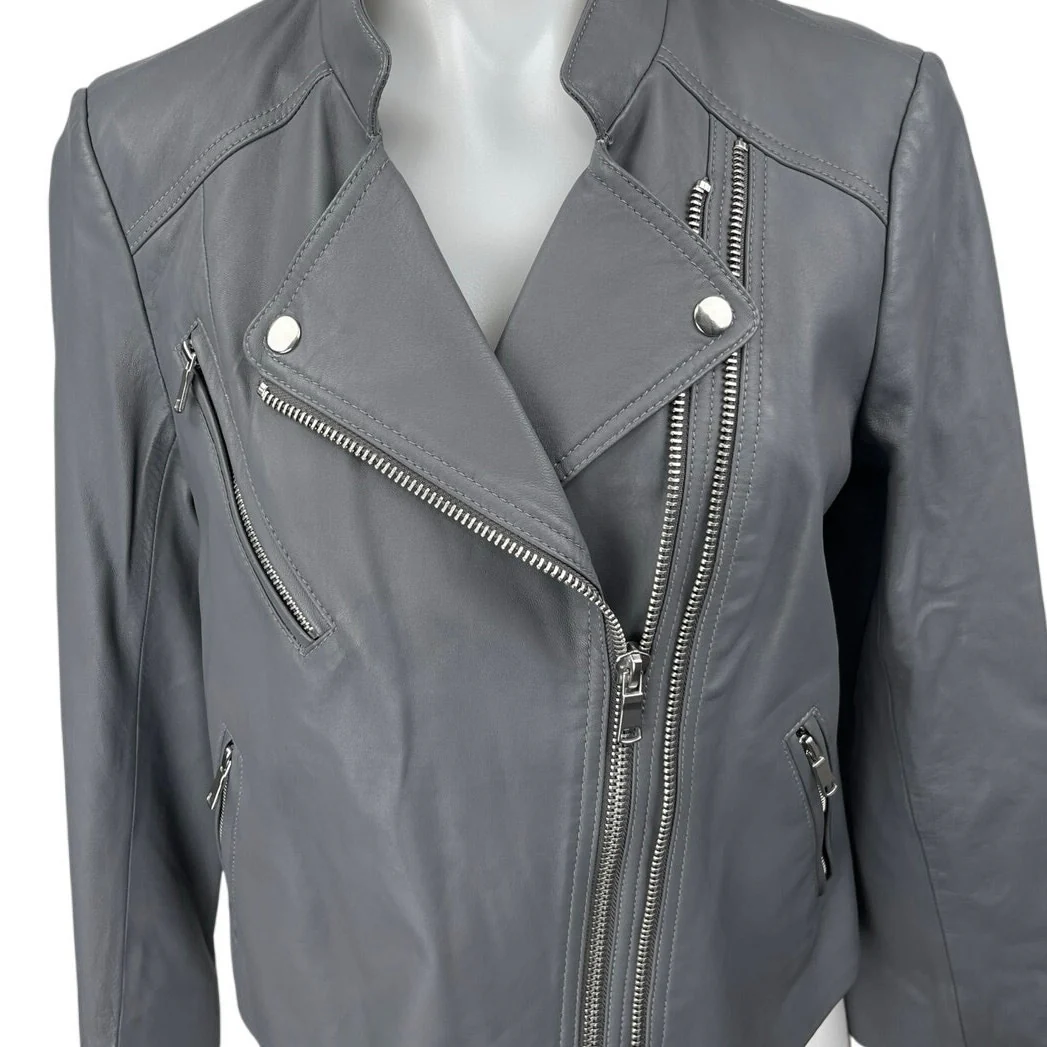 Joie Casella Women's Gray Lamb Leather Asymmetric Zip Moto Biker Coat Jacket L - Image 3