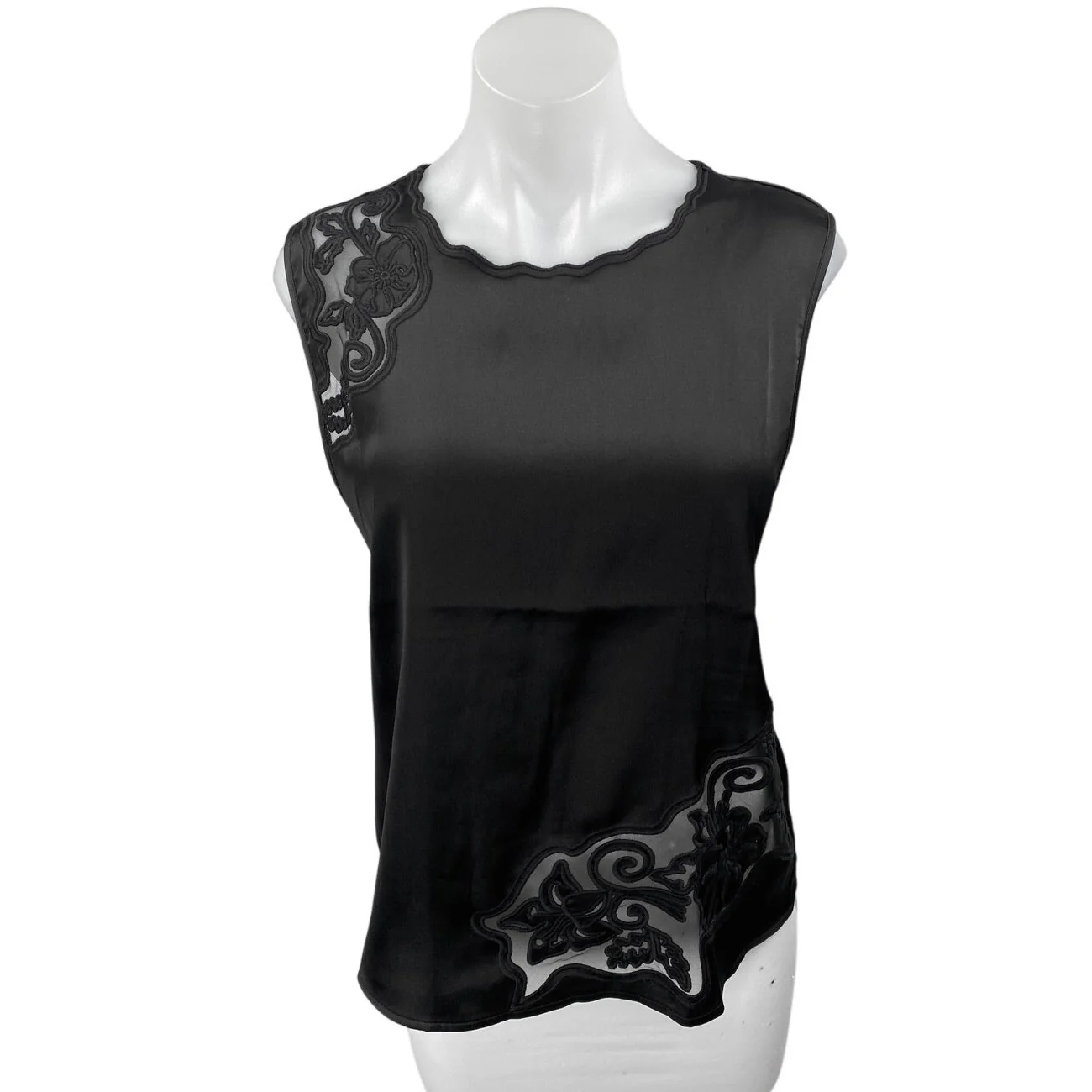 Joie Women's Black Sleeveless Embroidered Floral Mesh Tank Blouse Top Size M