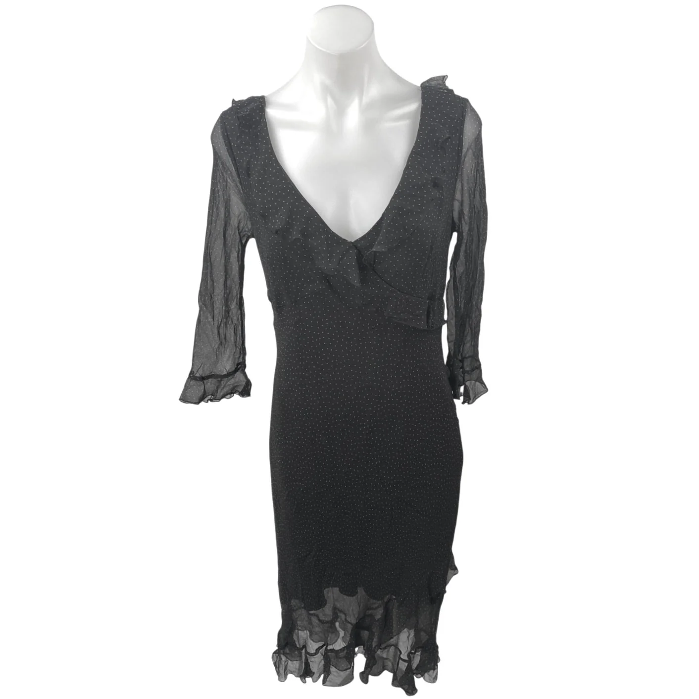 Jonathan Martin 100% Silk Black Polka Dot Ruffle V-neck Midi Bodycon Dress Sz 10