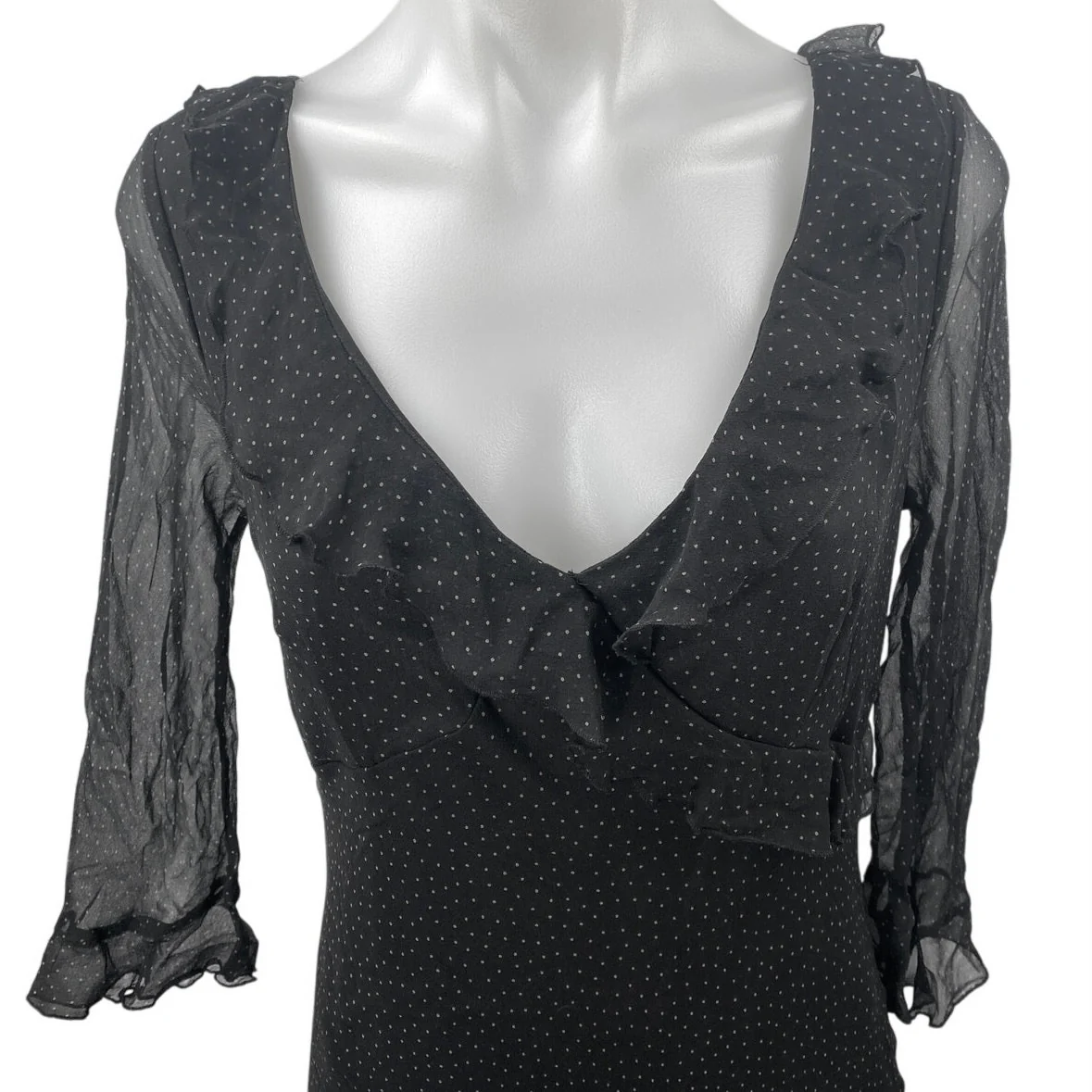 Jonathan Martin 100% Silk Black Polka Dot Ruffle V-neck Midi Bodycon Dress Sz 10 - Image 3