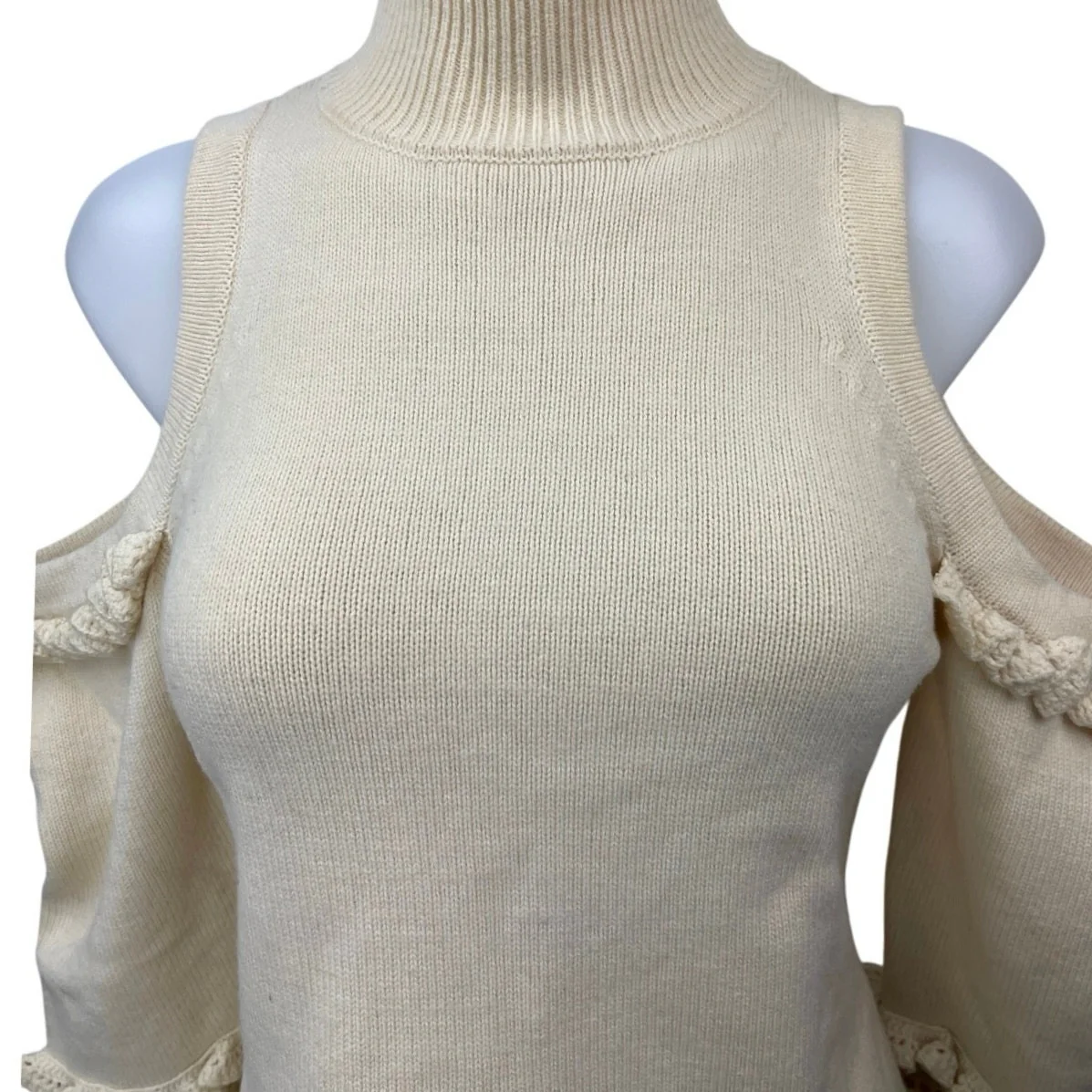 Jonathan Simkhai Cream Cold Shoulder Crochet Ruffle Turtleneck Sweater Top S - Image 3
