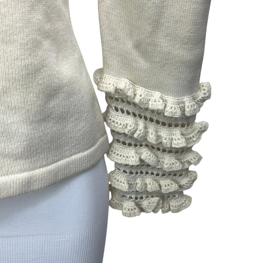 Jonathan Simkhai Cream Cold Shoulder Crochet Ruffle Turtleneck Sweater Top S - Image 4