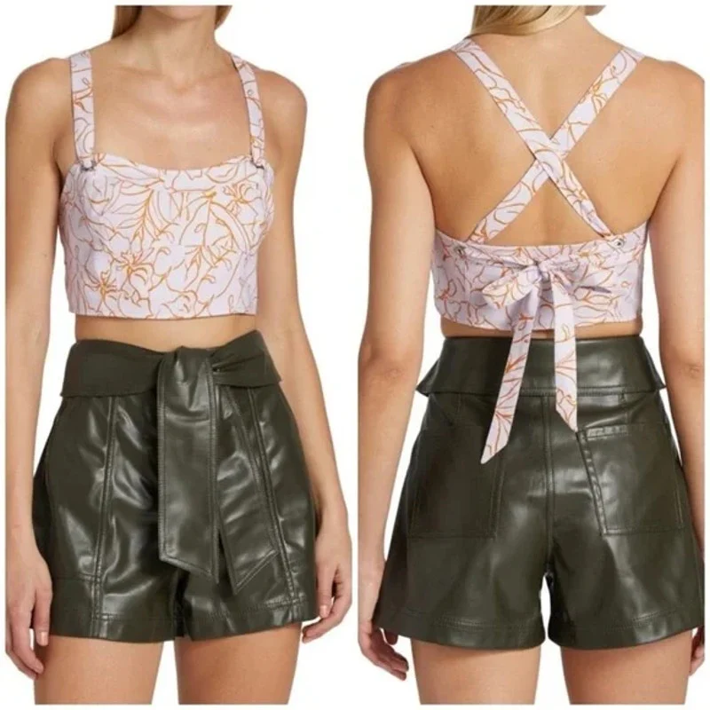 Jonathan Simkhai Tilly Purple Gold Floral Sleeveless Tie Back Cami Crop Top Sz M - Image 3