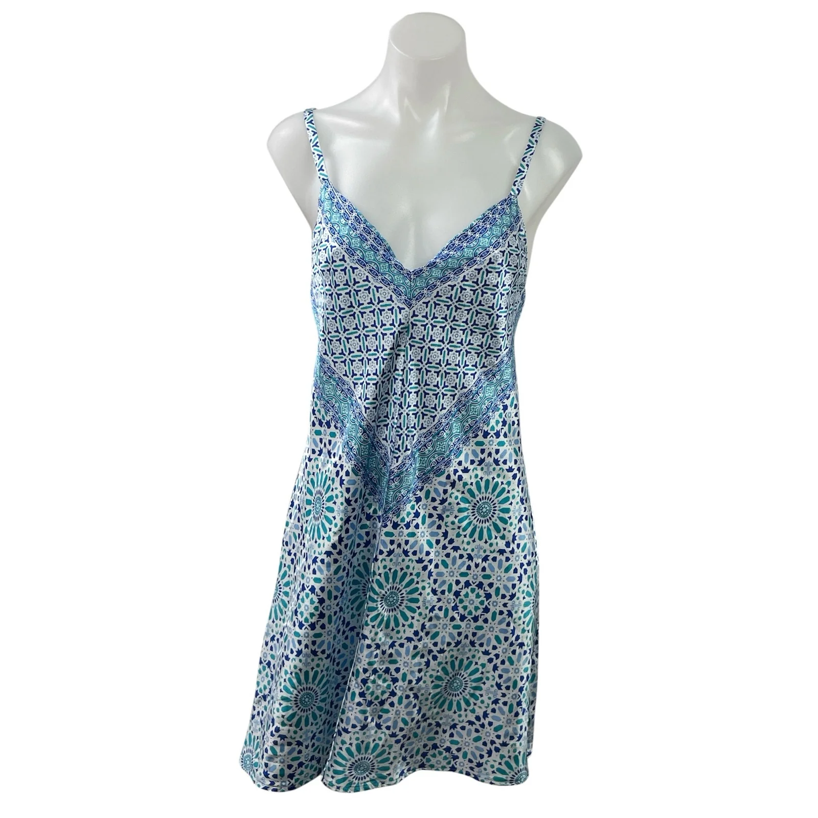 Jones New York Blue Satin Geometric Sleeveless Cami Camisole Nightgown Dress S