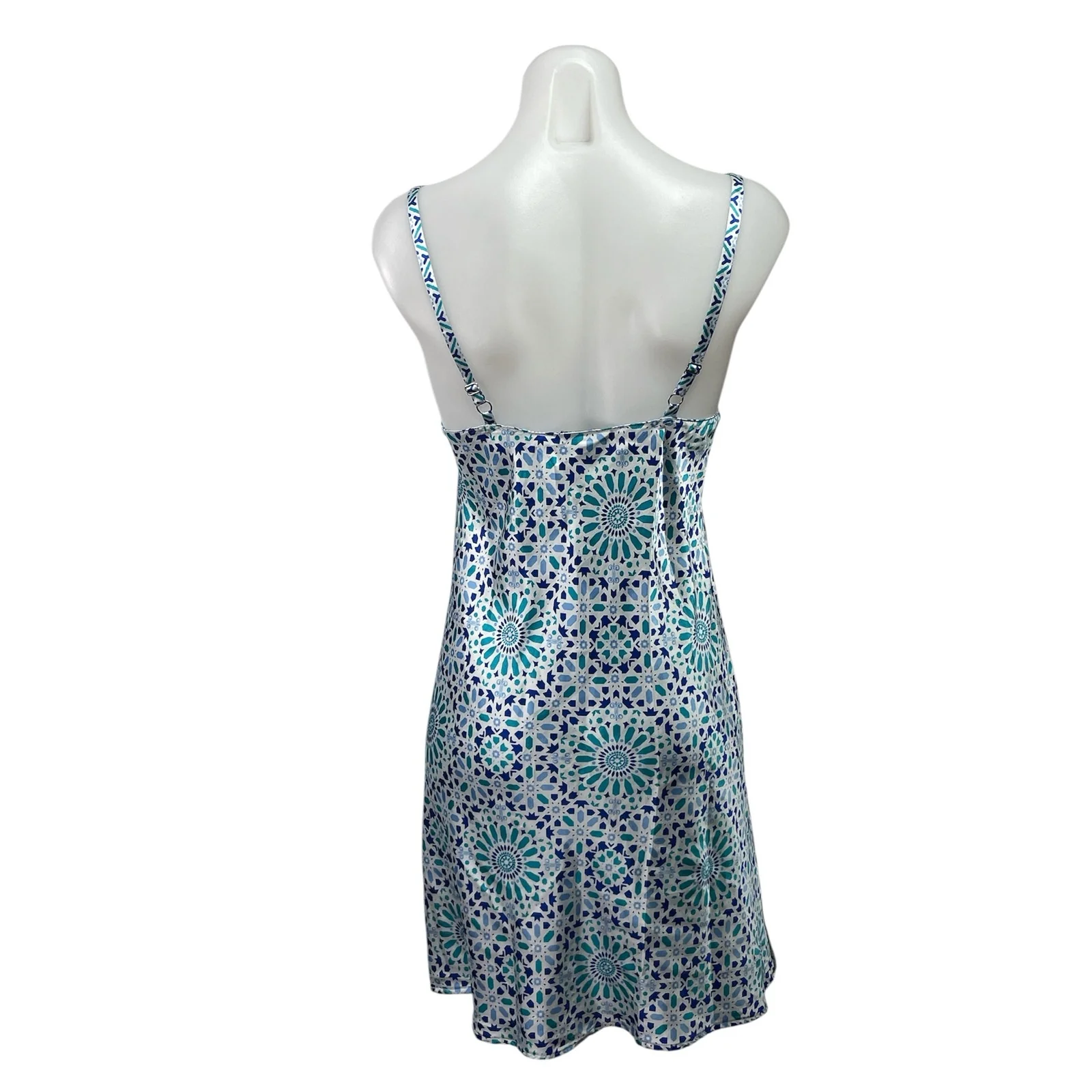 Jones New York Blue Satin Geometric Sleeveless Cami Camisole Nightgown Dress S - Image 3