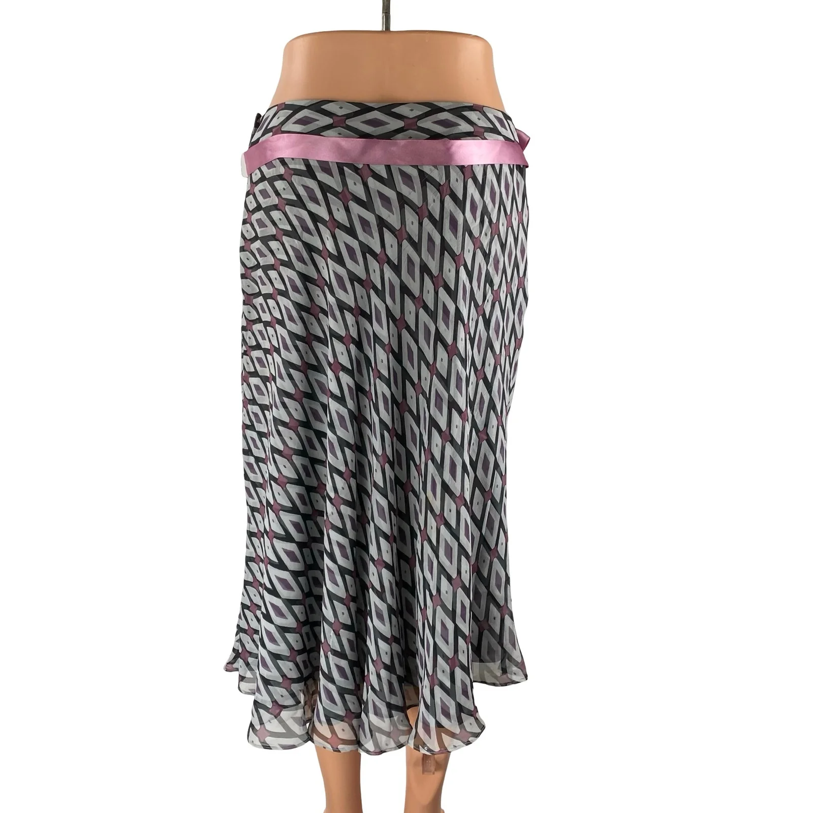 Jones New York Multicolor Satin Bow Tie Belt Geometric Flare Midi Skirt Size 28 - Image 4