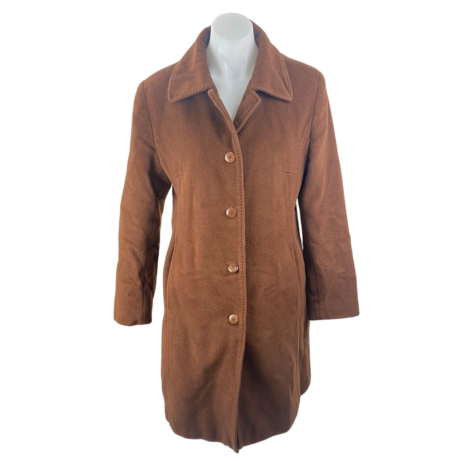 Jones New York Women's Brown Wool Long Sleeve Button Down Midi Coat Jacket Sz S