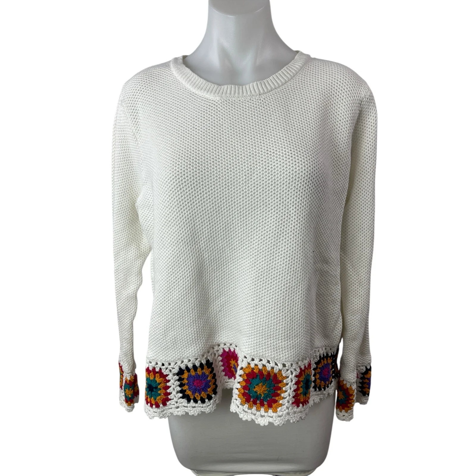 Joseph A Women's White Crochet Knit Boho Long Sleeve Blouse Sweater Top Size XL