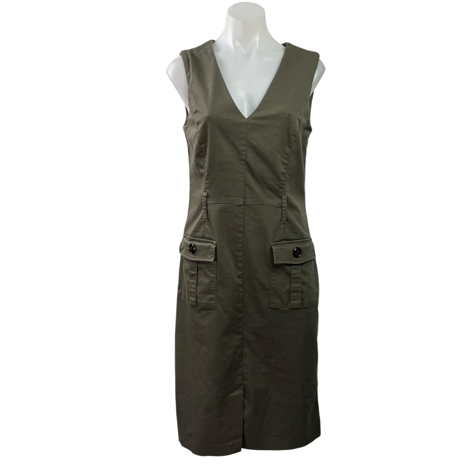 Joseph Ribkoff Olive Green Sleeveless V Neck Pocket Slit Mini Tank Dress Size 10
