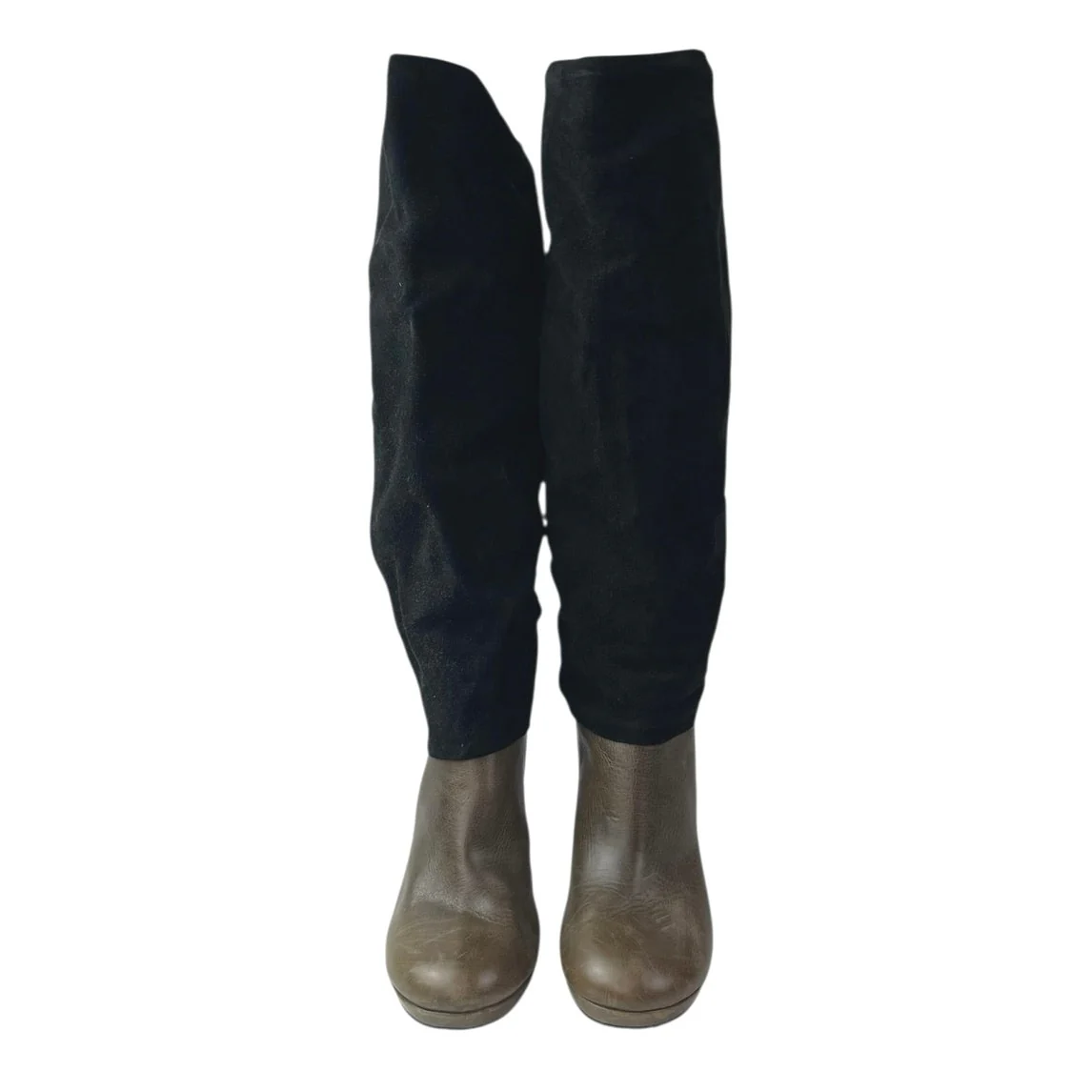 Joy Chen Women's Black Brown Suede Leather Round Toe Heeled Tall Boots Size 7 - Image 2