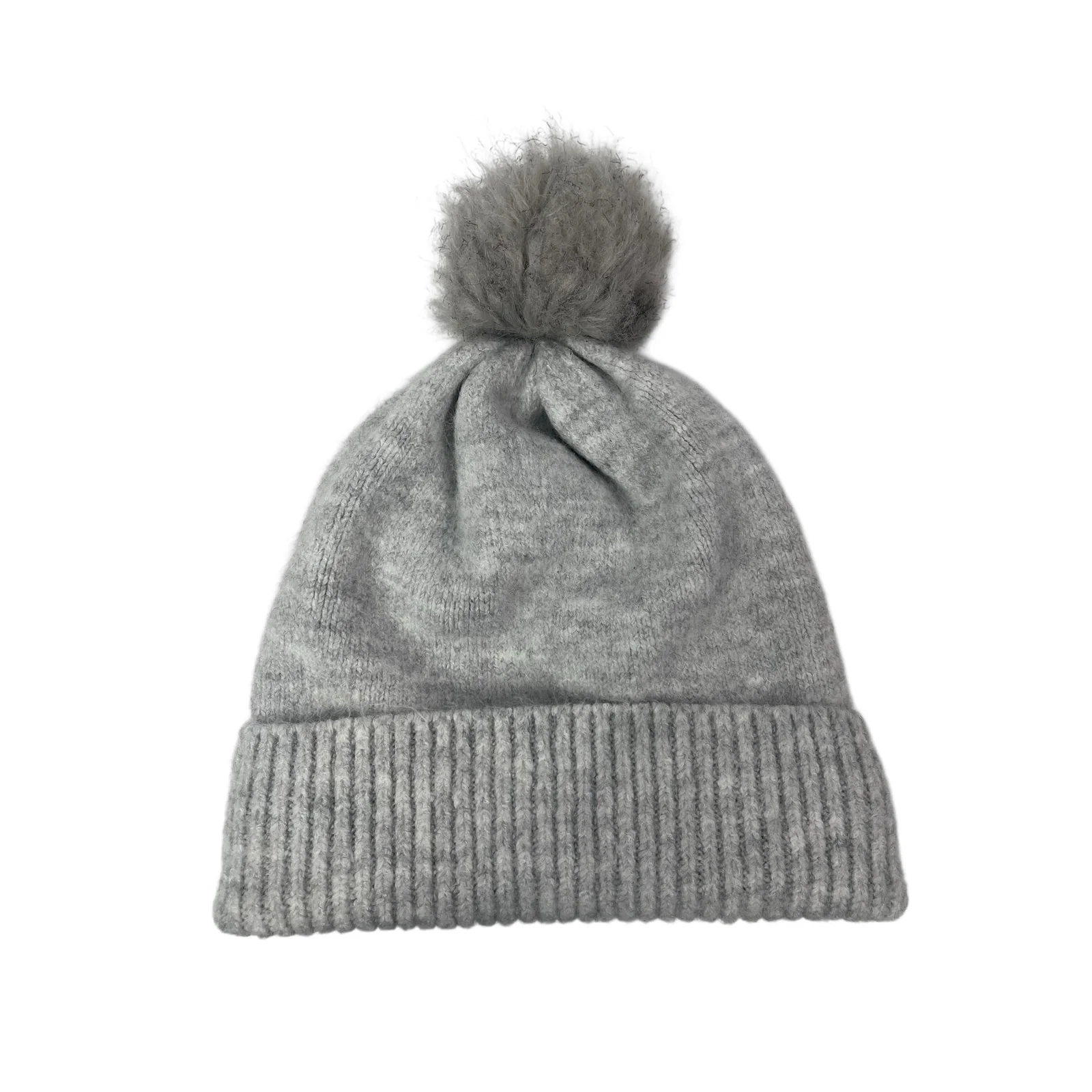 Joy Susan Women's Gray Knit Fleece Lined Ribbed Cuffed Pom Pom Beanie Hat OS - Image 2