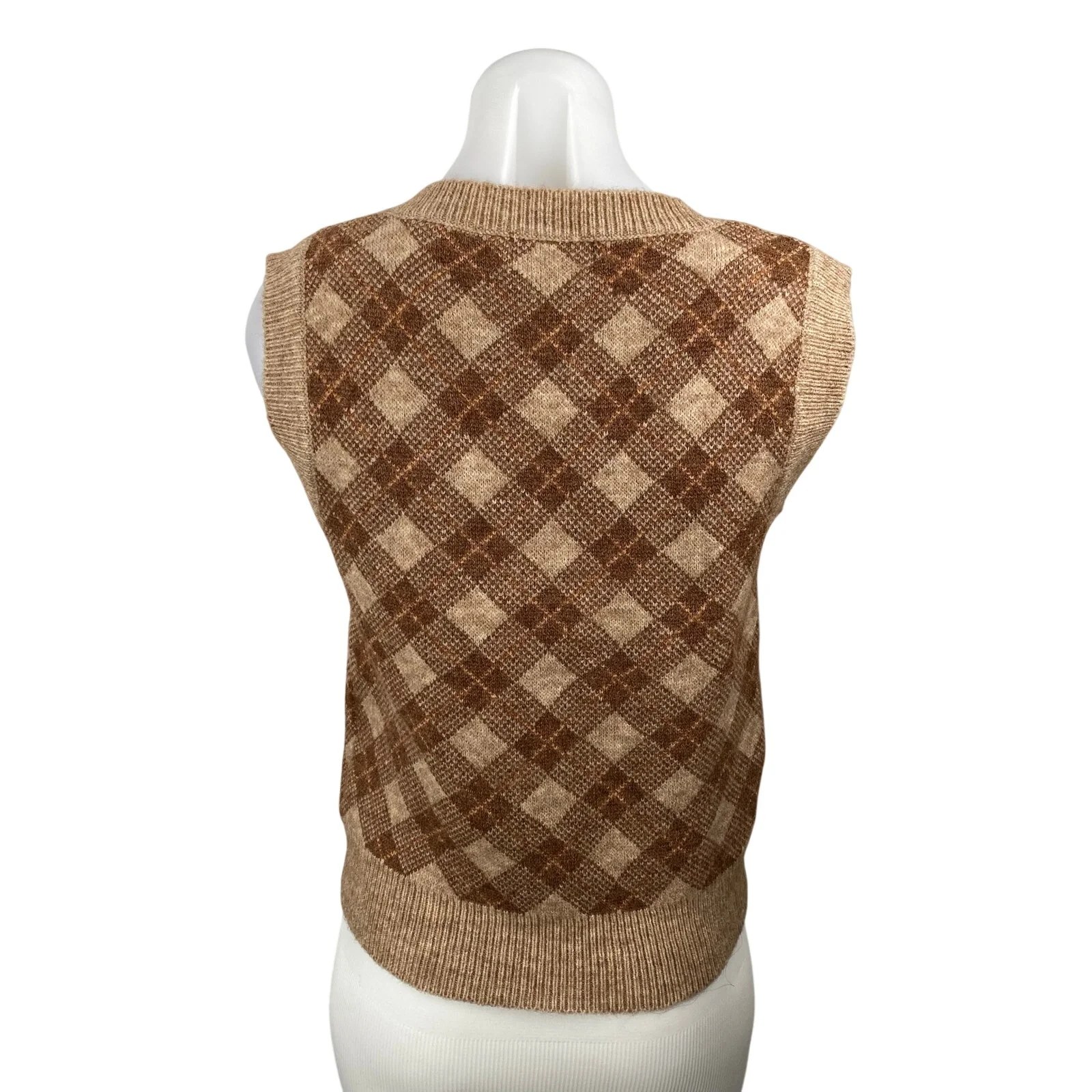 Just In Women's Tan Brown Argyle Plaid Sleeveless V Neck Sweater Vest Top Size S - Image 4