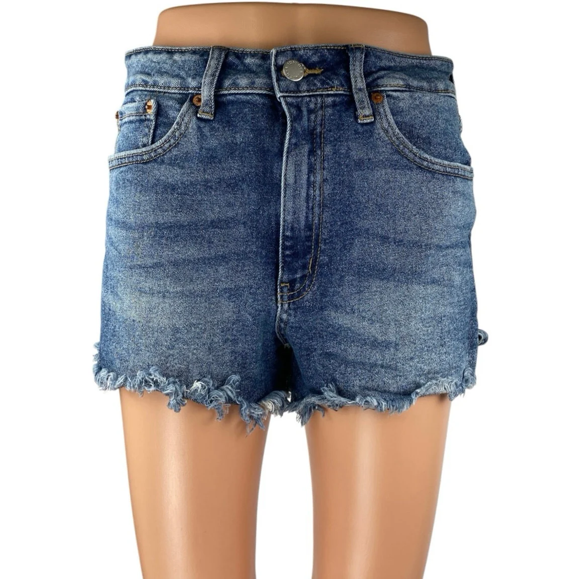 Justusa Women's Blue Mid Rise Frayed Raw Hem Mini Cutoff Denim Jeans Shorts Sz M