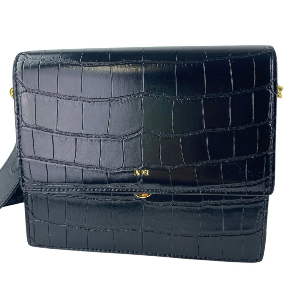 JW Pei Women's Black Faux Leather Vegan Croc Mini Flap Crossbody Handbag OS - Image 3