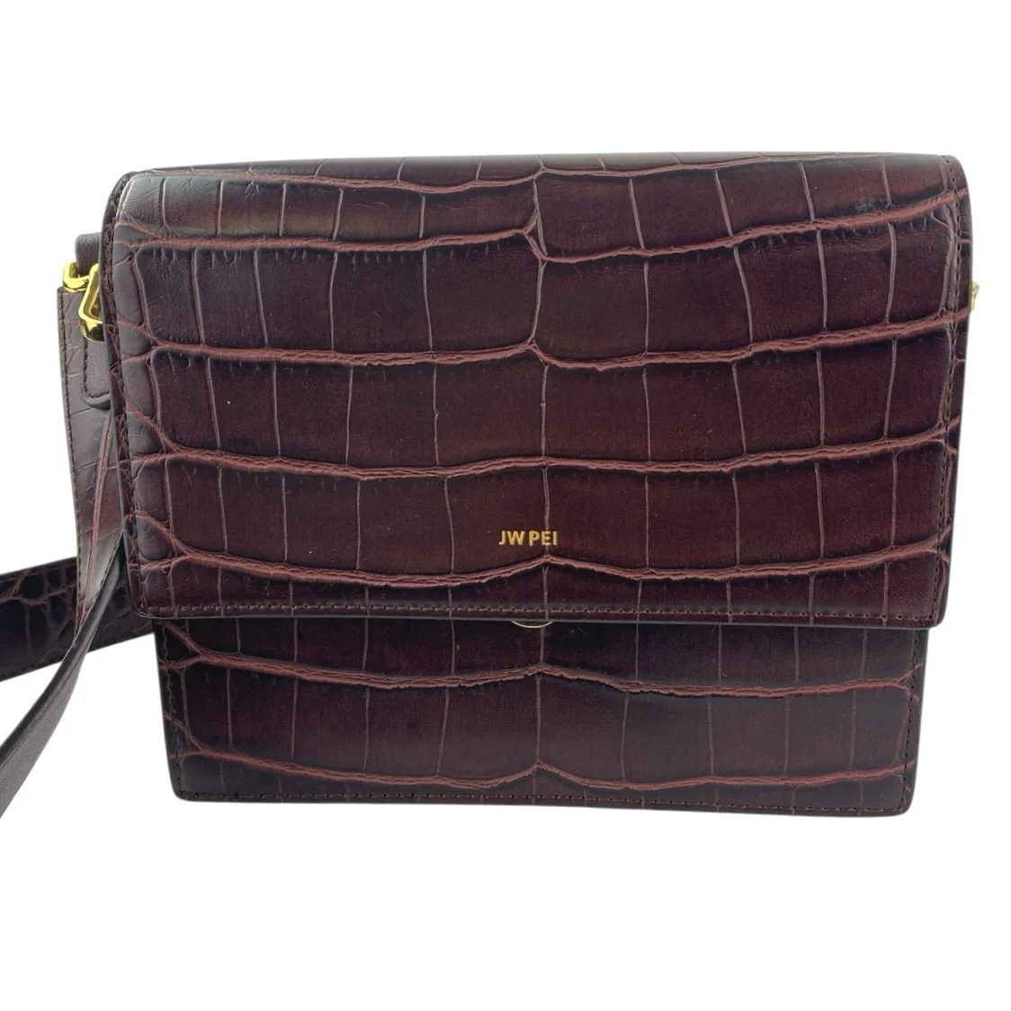JW Pei Women's Burgundy Faux Leather Vegan Croc Mini Flap Crossbody Handbag OS - Image 3