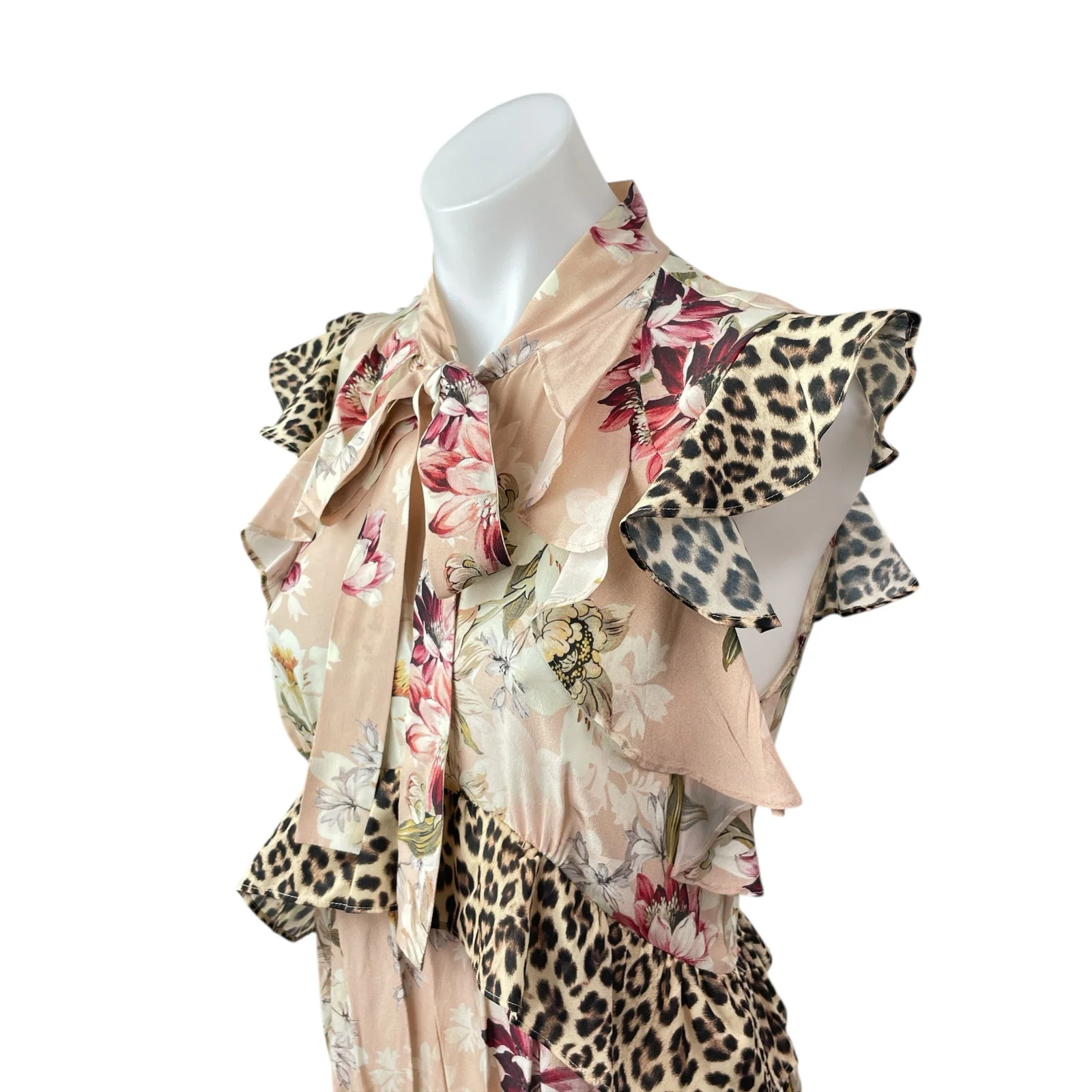 Kachel Coral Floral Leopard Ruffle Tie Pleated Tiered A Line Midi Dress Size 4 - Image 2