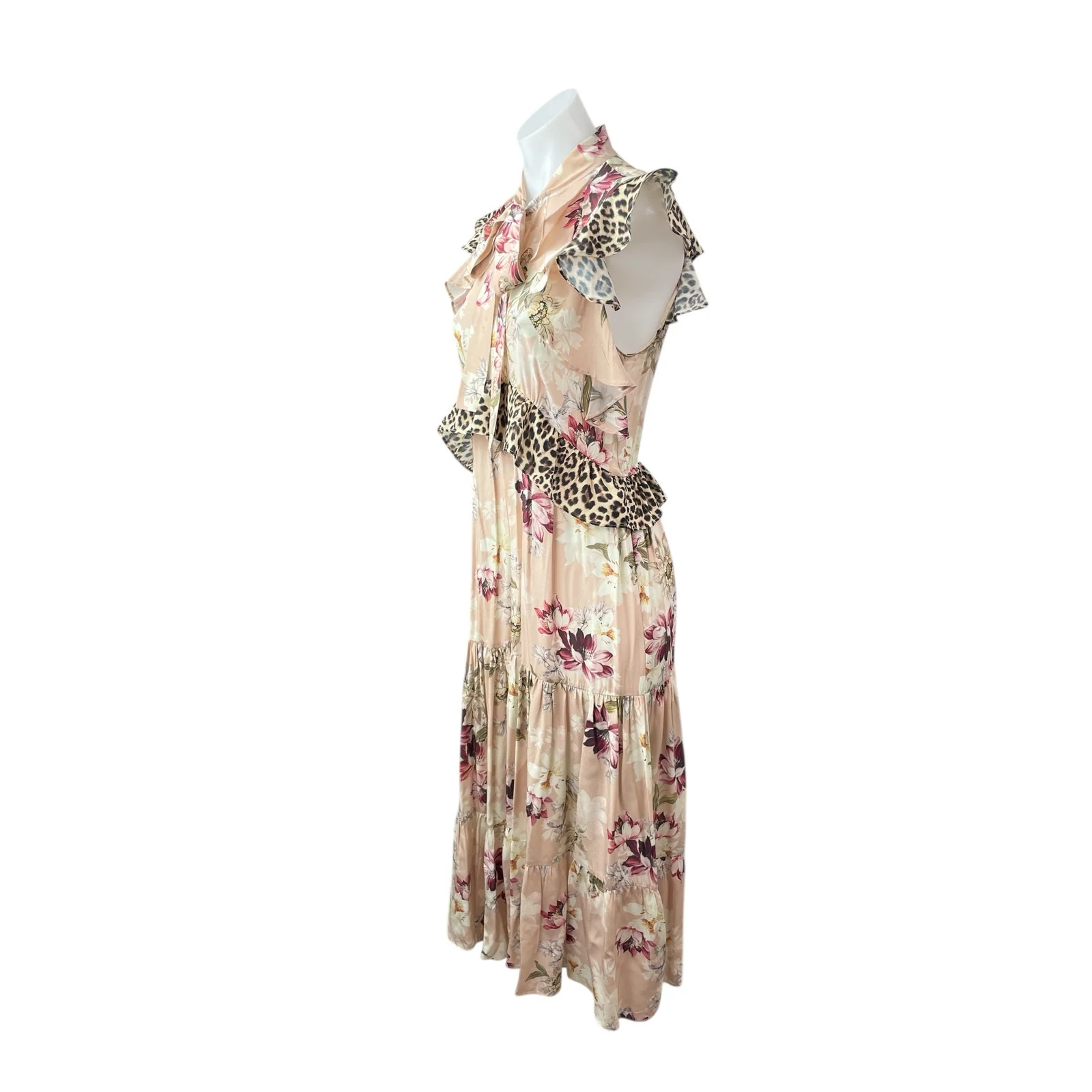 Kachel Coral Floral Leopard Ruffle Tie Pleated Tiered A Line Midi Dress Size 4 - Image 3