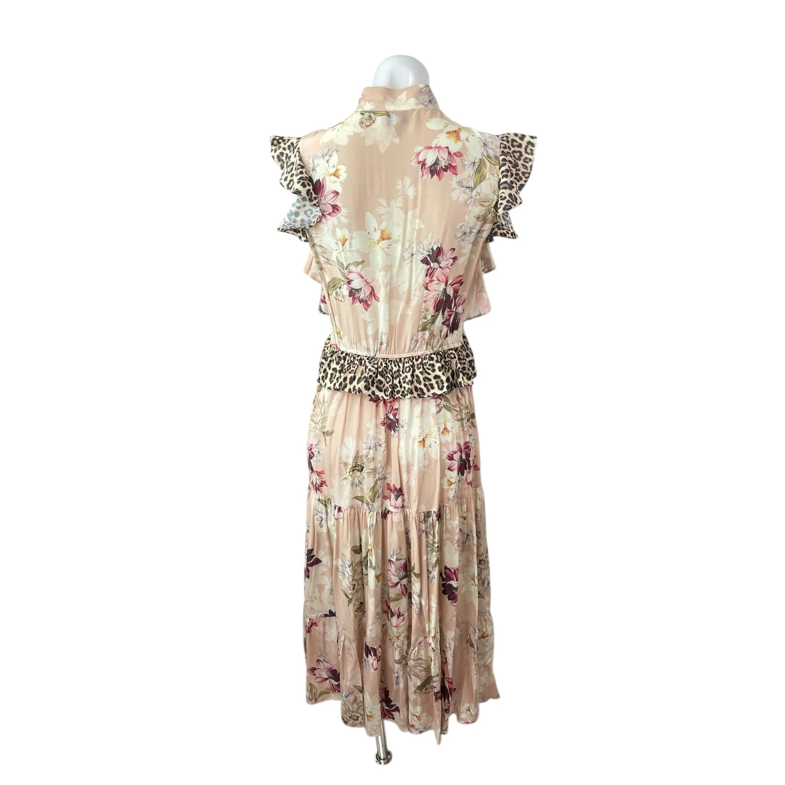 Kachel Coral Floral Leopard Ruffle Tie Pleated Tiered A Line Midi Dress Size 4 - Image 4