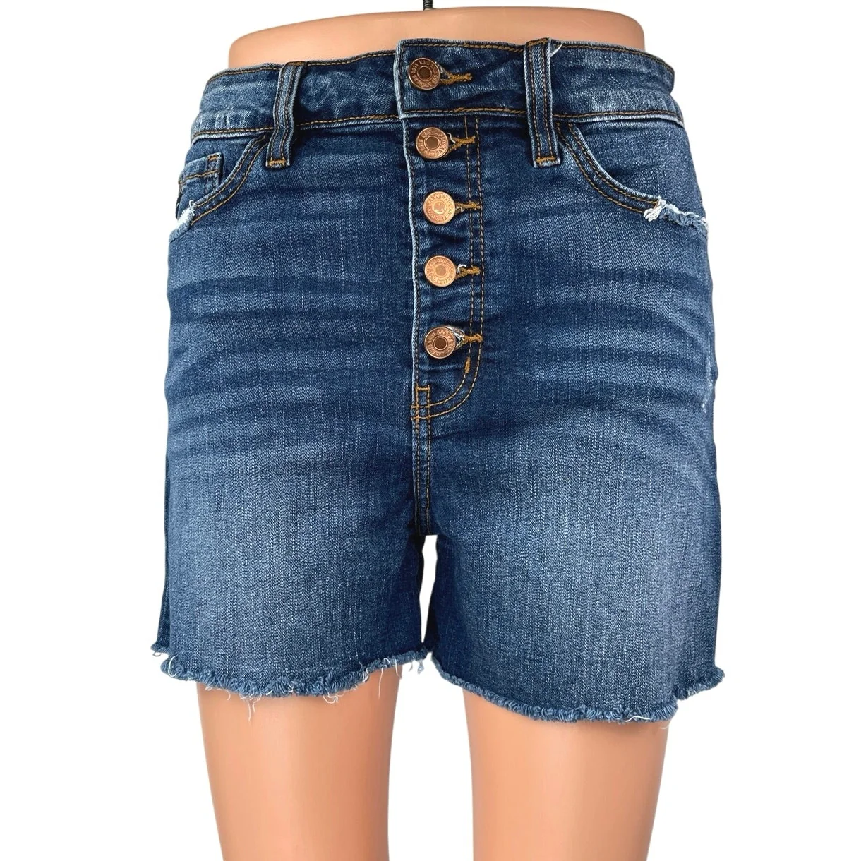 Kan Can Blue High Waist Frayed Raw Hem Cut Off Denim Jean Mom Shorts Size 27
