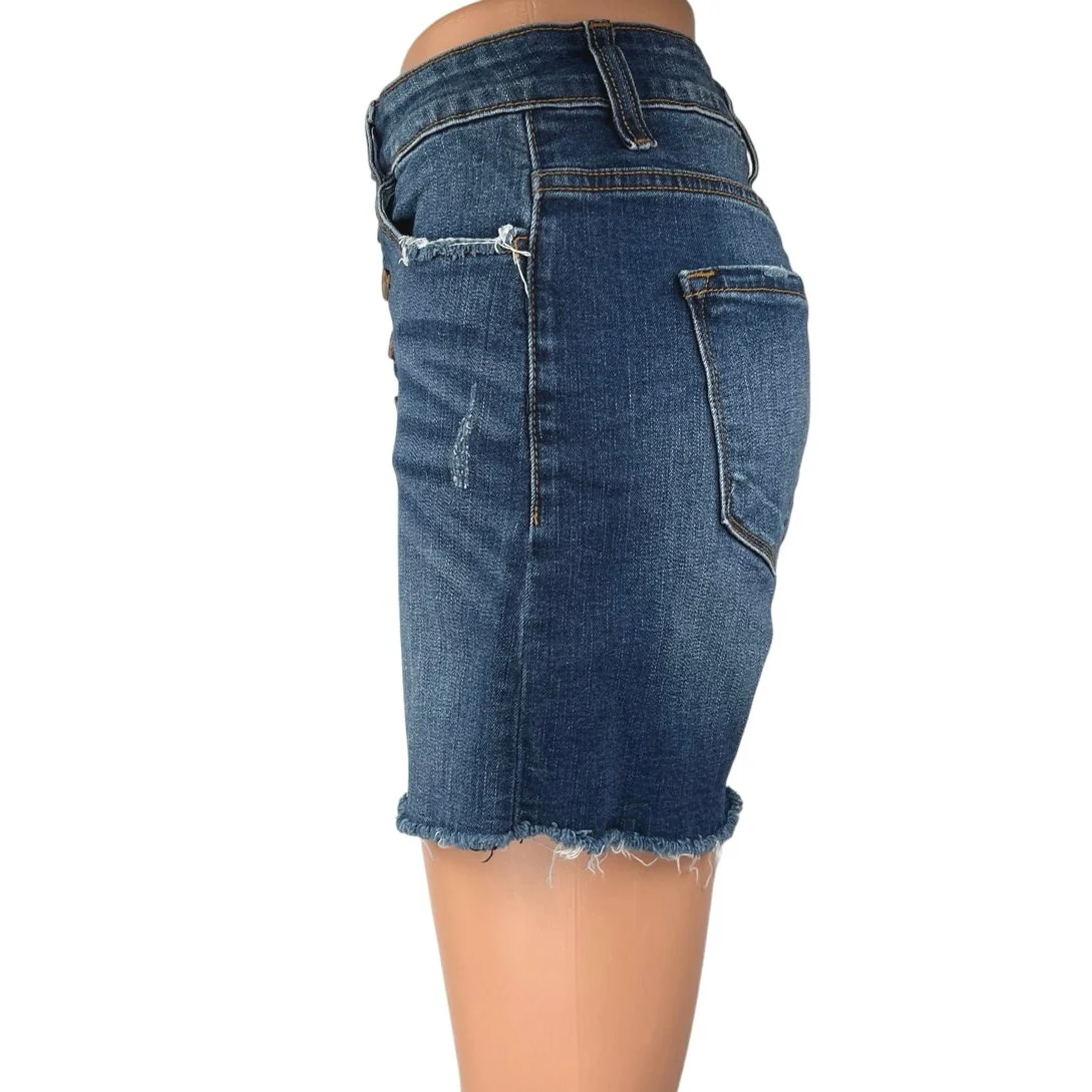 Kan Can Blue High Waist Frayed Raw Hem Cut Off Denim Jean Mom Shorts Size 27 - Image 2