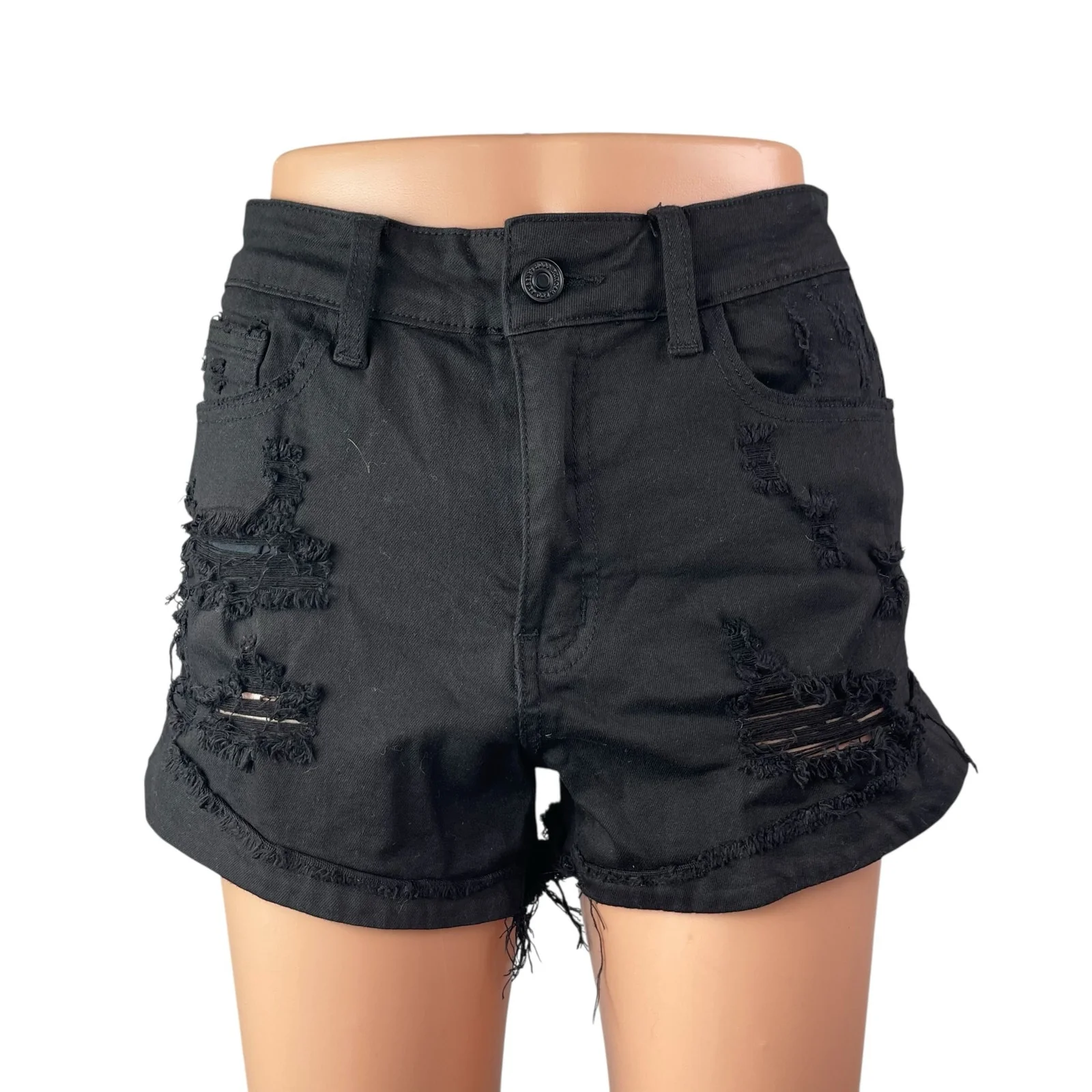 Kancan Women's Black Distressed High Waisted Mini Frayed Cutoff Shorts Size 27