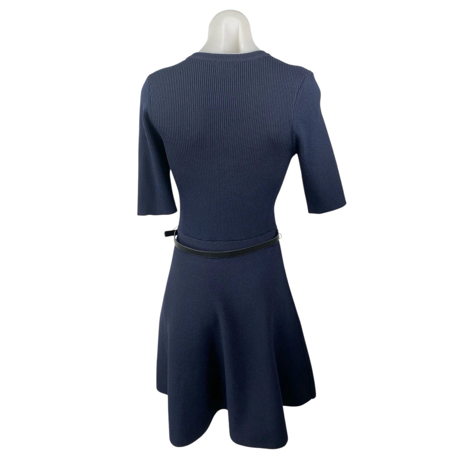 Karen Millen Navy Blue Ribbed Crew Neck Half Sleeve Belted Mini A-Line Dress M - Image 2