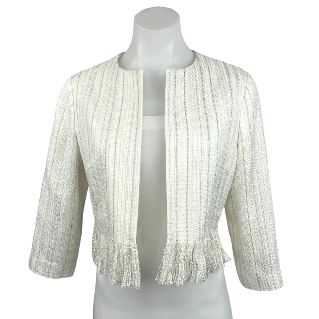 Karl Lagerfeld White Tweed Metallic Striped Fringe Open Front Crop Blazer Size S