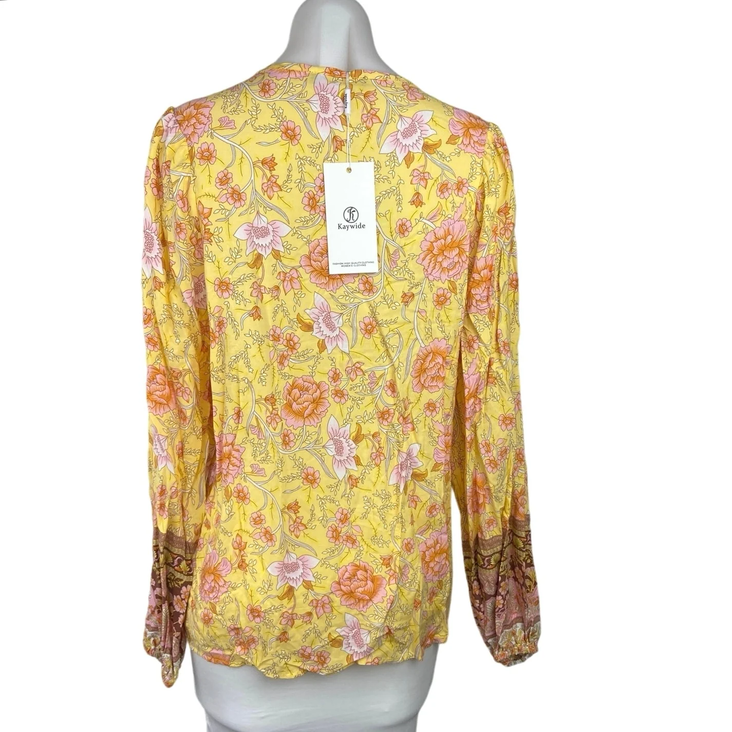 Kaywide Yellow Floral Tie V-Neck Long Sleeve Lace-up Boho Blouse Tops Shirts M - Image 3