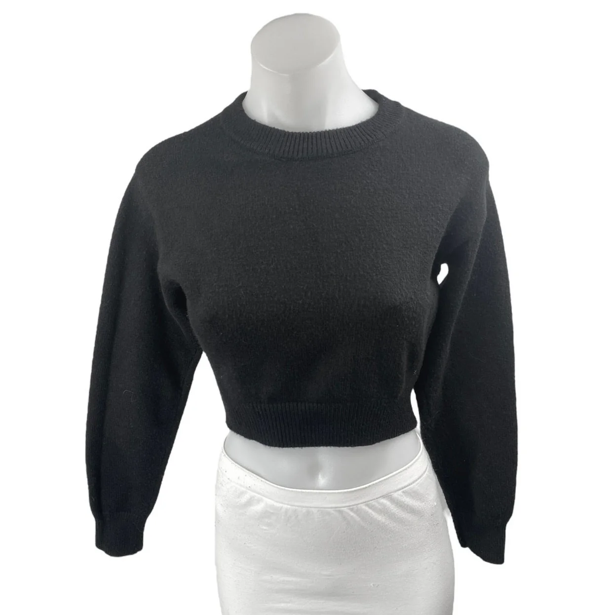 Kendall & Kylie Black Long Balloon Sleeve Crew Neck Cropped Sweater Top Size XS