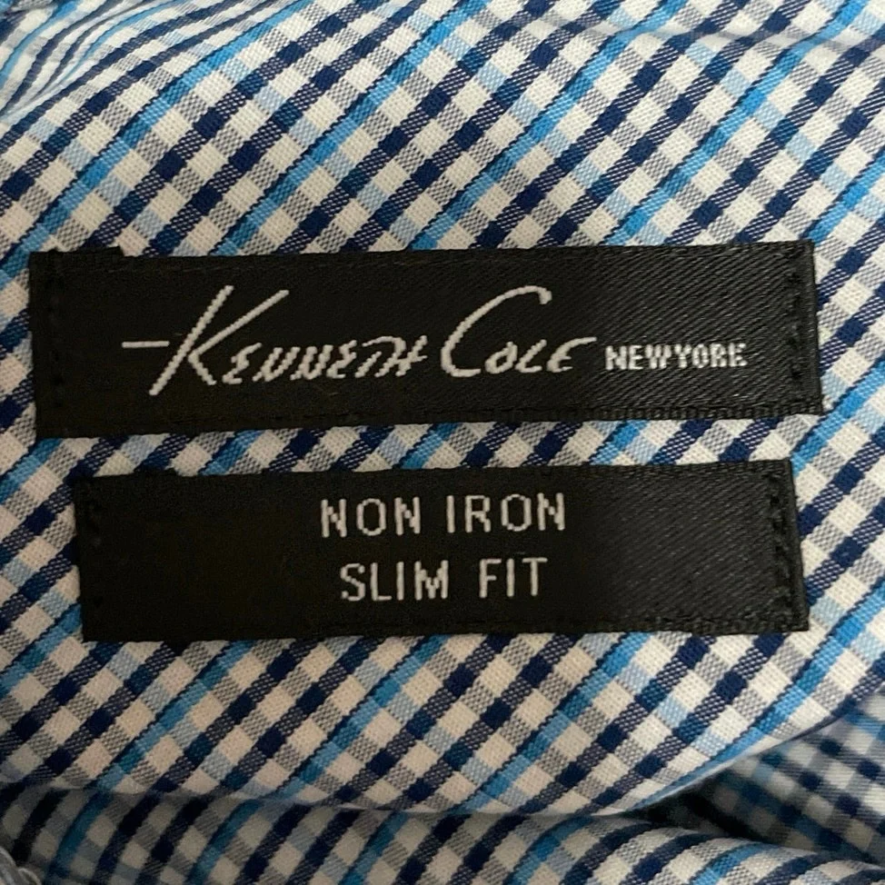 Kenneth Cole Mens Blue Plaid Checkered Long Sleeve Collared Button Down Shirt 34 - Image 4