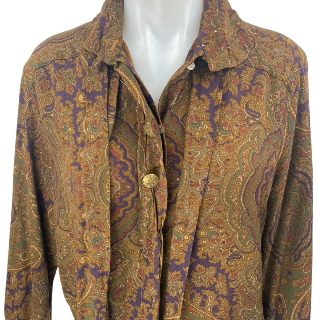 Kenneth Gordon Women's Brown Floral Paisley Long Sleeve Button Up Shirt Top Sz 8 - Image 3