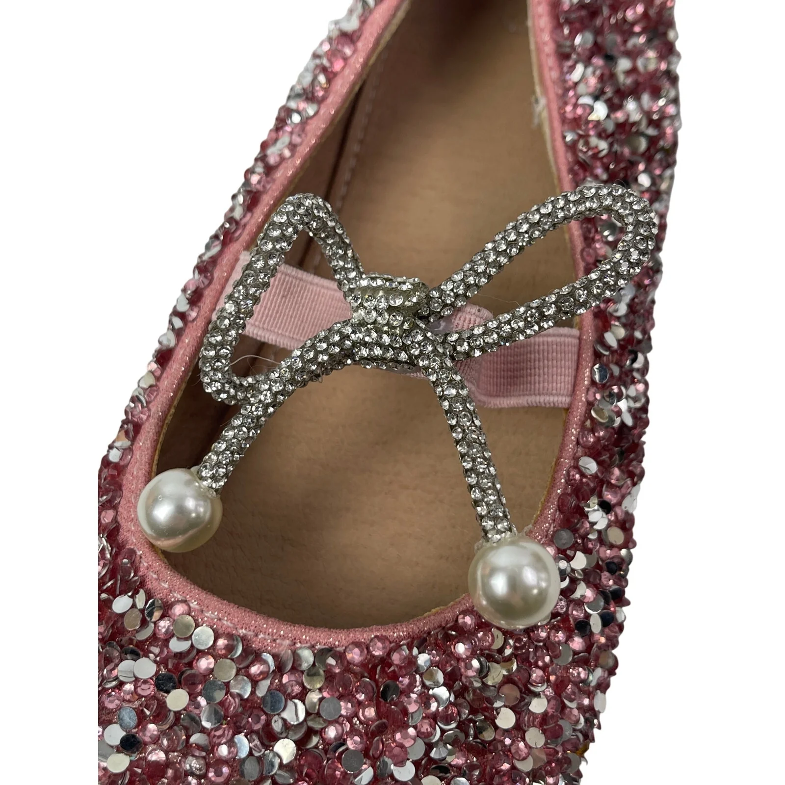 Kids Girls Pink Rhinestone Bow Glitter Beaded Round Toe Ballet Flat Shoes 33/1.5 - Image 6