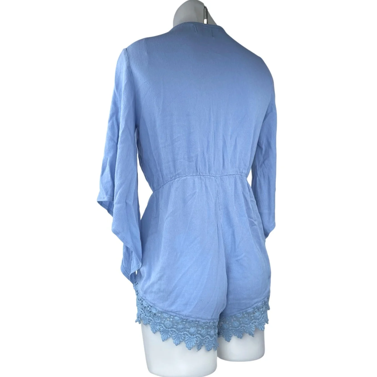 Kiss The Sky Blue Plunge V-Neck 3/4 Bell Sleeve Lace Crochet Jumpsuit Romper M - Image 2
