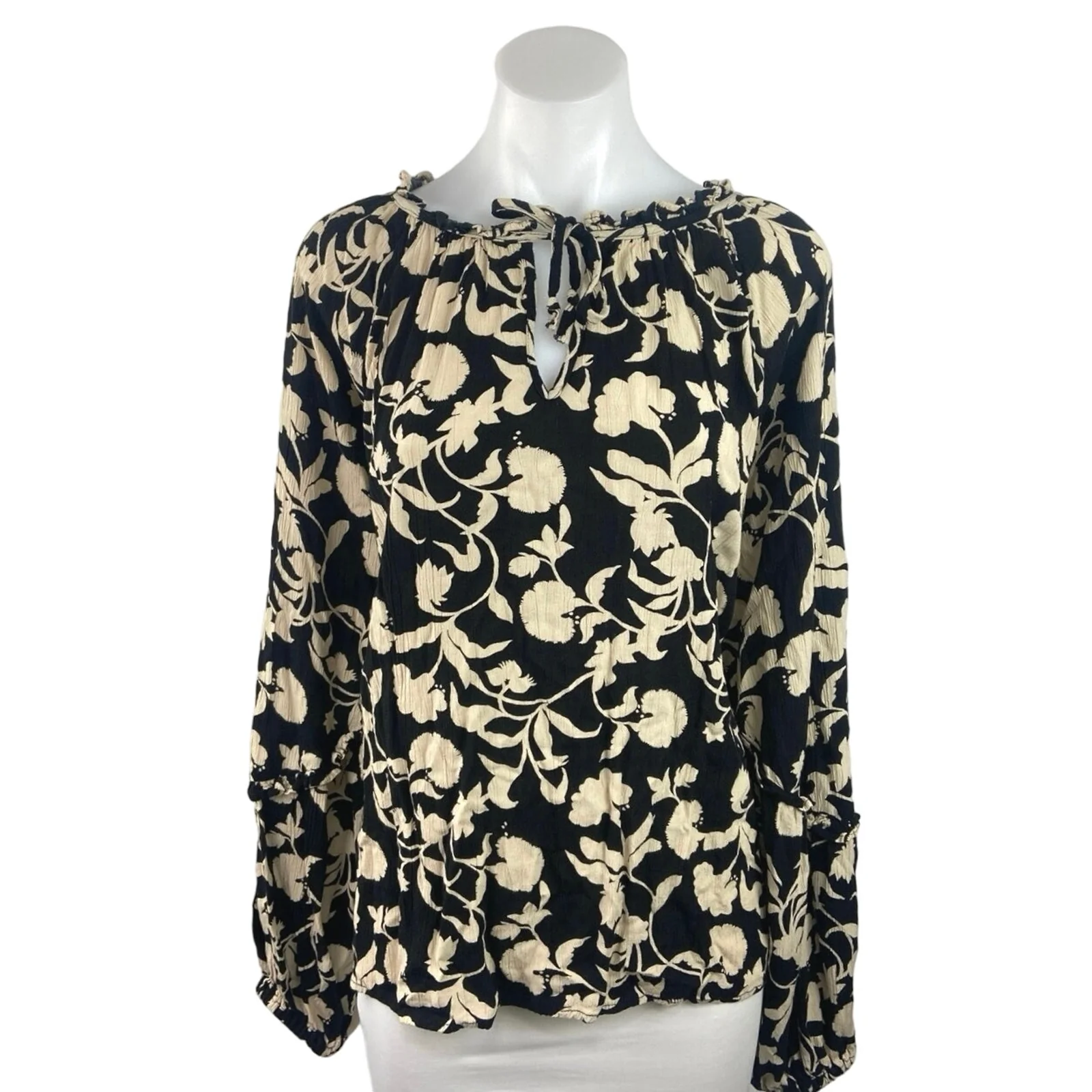 Knox Rose Black Floral Print Ruffle Tie Neck Balloon Long Sleeve Blouse Top Sz L