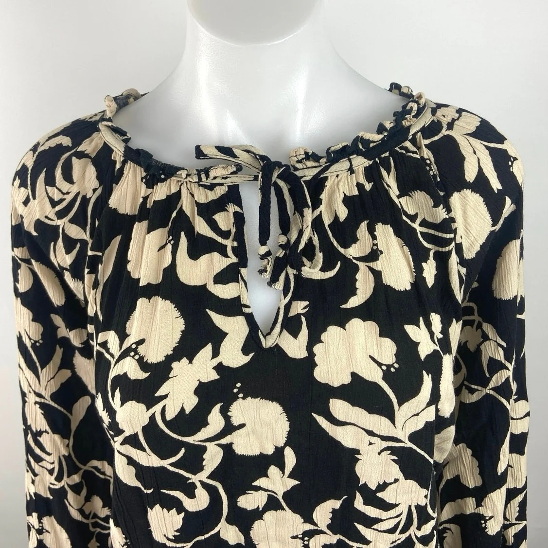 Knox Rose Black Floral Print Ruffle Tie Neck Balloon Long Sleeve Blouse Top Sz L - Image 3