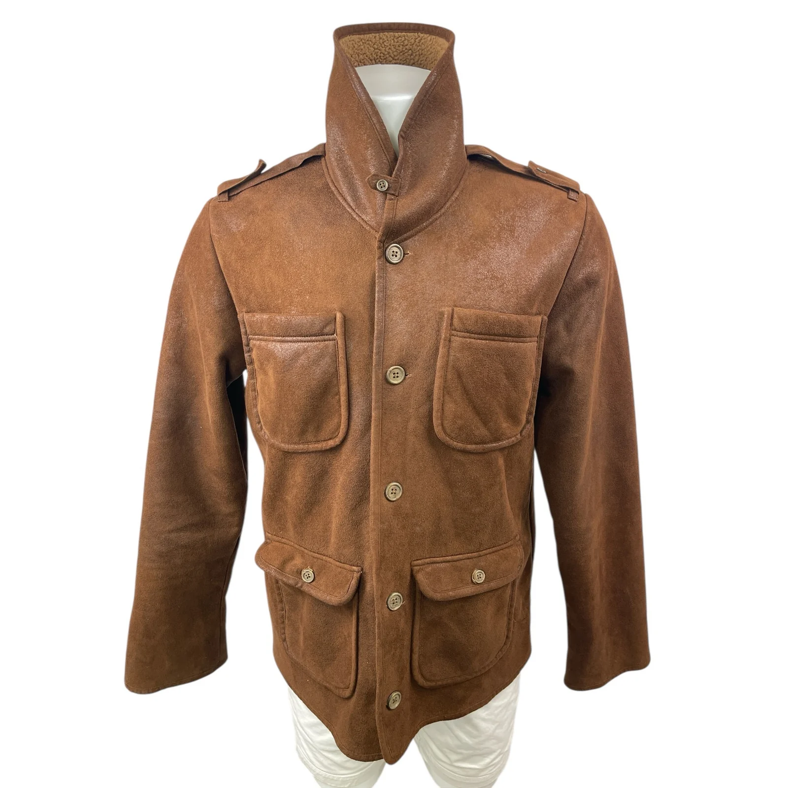 Koto Brown Suede Leather Button Long Sleeve Safari Field Utility Coat Jacket L - Image 2